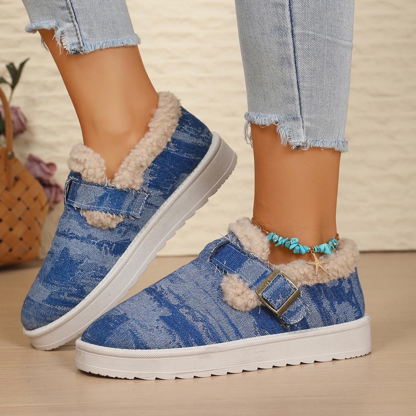 Denim Buckle Sheepskin Slippers™