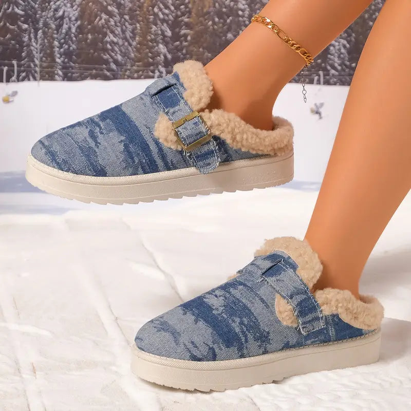 Denim Buckle Sheepskin Slippers™