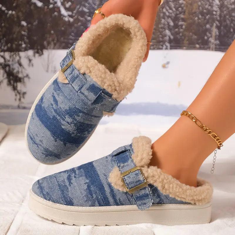 Denim Buckle Sheepskin Slippers™