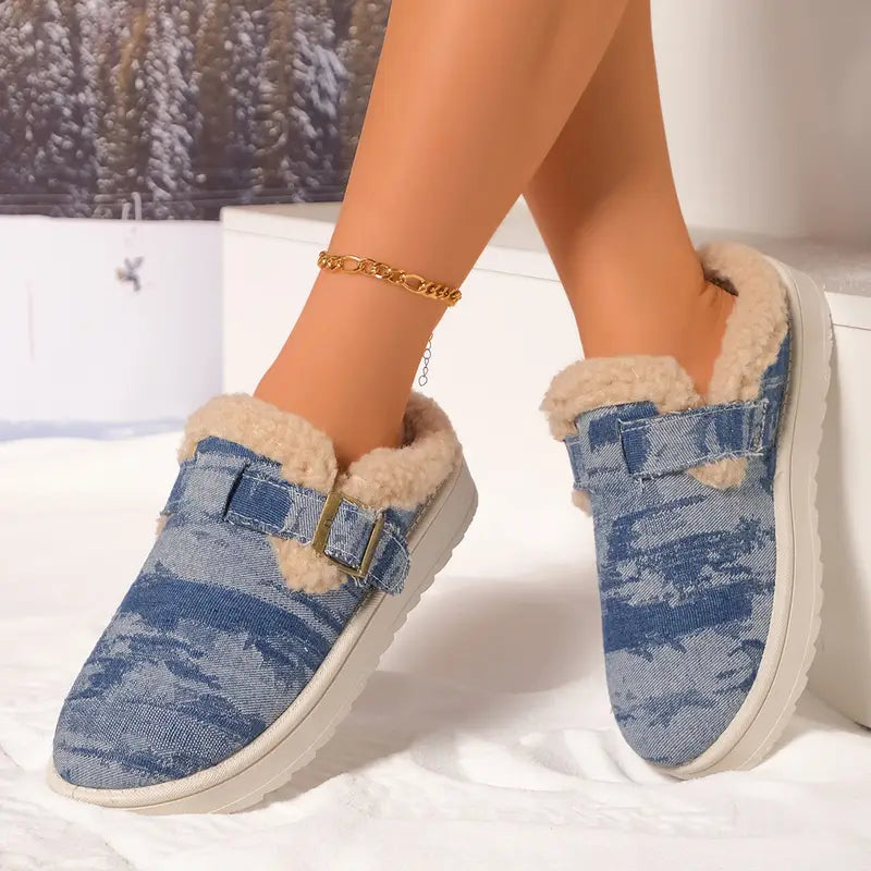 Denim Buckle Sheepskin Slippers™